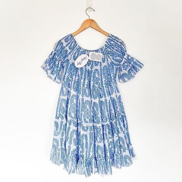 Vintage Ibiza Women’s Lightweight Cotton Blue and White Bobbin Off the Shoulder - Picture 2 of 12